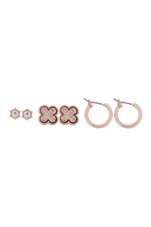 S1-1-4-B5ES2254RG - 3 SET CUBIC ZIRCONIA, DRUZY CLOVER, HUGGIE EARRINGS - ROSE GOLD/6PCS