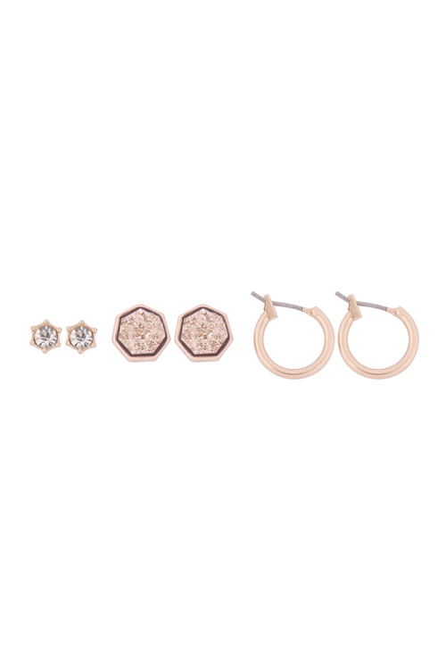 S1-2-3-B5ES2255RG - 3 SET CUBIC ZIRCONIA, DRUZY HEPTAGON, HUGGIE EARRINGS - ROSE GOLD/6PCS