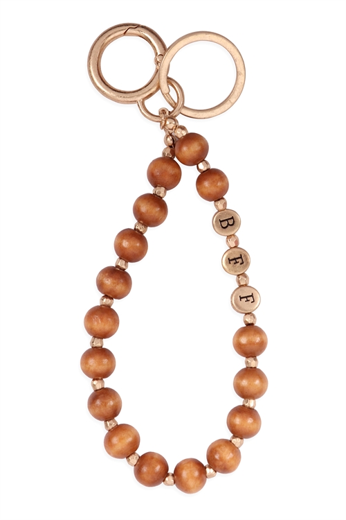 S1-1-3-B5K2041BFFLBRN - "BFF" WITH WOOD BEAD KEYCHAIN BRACELET-LIGHT BROWN/6PCS