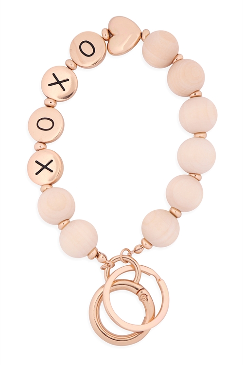 S1-3-3-B5K2047XOIV - "XOXO" WOOD BEAD METAL PENDANT KEYCHAIN  BRACELET -  IVORY/6PCS