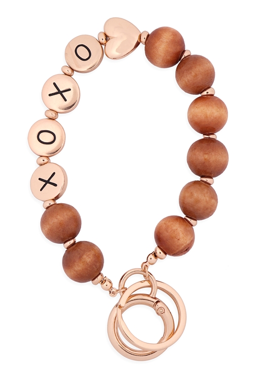 S1-3-3-B5K2047XOLBRN - "XOXO" WOOD BEAD METAL PENDANT KEYCHAIN  BRACELET - LIGHT BROWN/6PCS