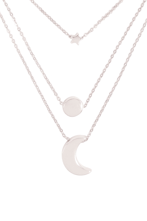 S1-2-2-B5NS2189SV - STAR MOON AND SUN  3 SET NECKLACE-SILVER/1PC  (NOW $1.75 ONLY!)