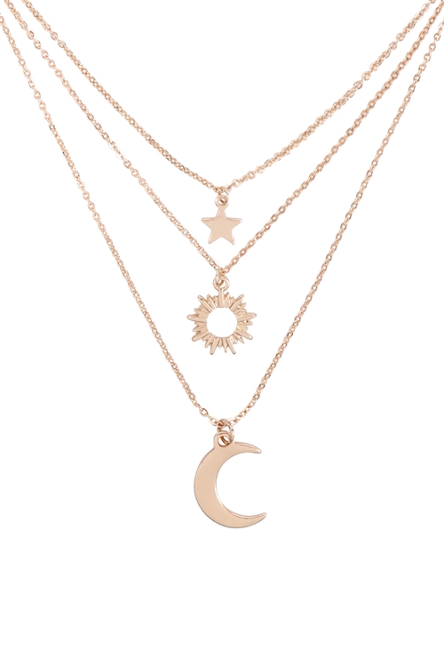 S1-3-3-B5NS2190GD - STAR MOON AND SUN  3 SET NECKLACE-GOLD/6PCS