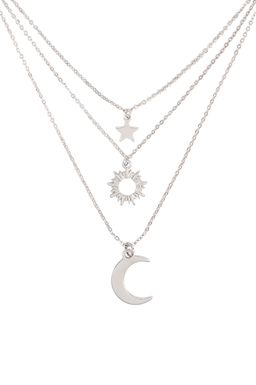 S1-3-3-B5NS2190SV - STAR MOON AND SUN  3 SET NECKLACE-SILVER/6PCS
