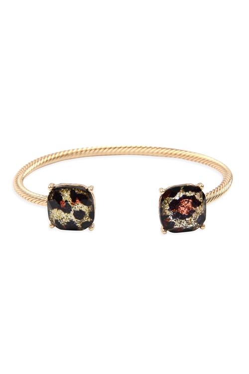 A2-1-3-B6554GD-GLEO - TWISTED WIRE LEOPARD CUFF BRACELET - GOLD GLITTER LEOPARD/6PCS