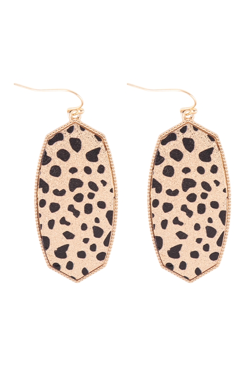 A2-3-1-B6E2102GD-CHE - OVAL IRREGULAR SHAPED SANDING METAL WITH ANIMAL PRINT DROP EARRINGS - GOLD CHEETAH/6PCS