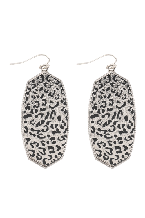 A2-2-3-B6E2102RH-LEO - OVAL IRREGULAR SHAPED SANDING METAL WITH ANIMAL PRINT DROP EARRINGS - SILVER LEOPARD/6PCS