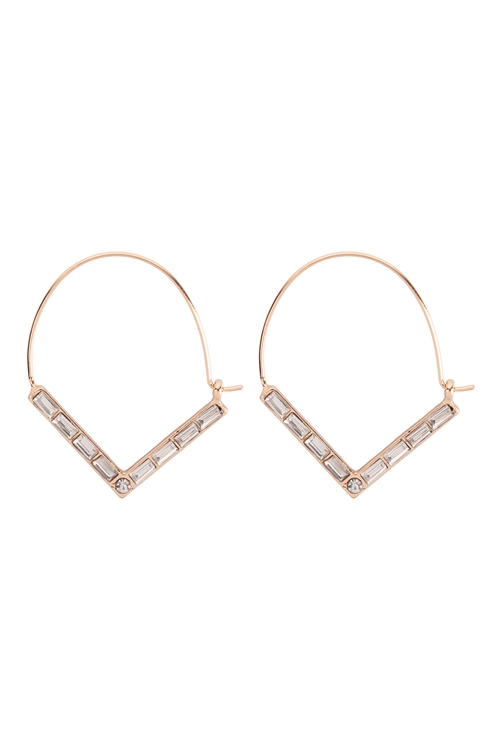 A3-3-2-B6E2191GD-CLR - 1.25" V SHAPED GLASS STONE BAGUETTE  HOOP EARRINGS-GOLD CLEAR/6PCS