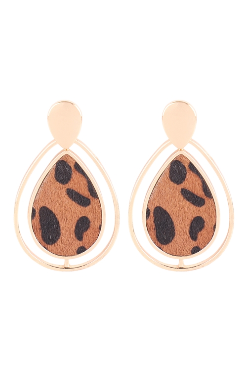 A3-3-2-B6E2200L-BRN - TEARDROP SHAPE REAL CALF HAIR LEATHER POST EARRINGS - LEOPARD BROWN/1PC