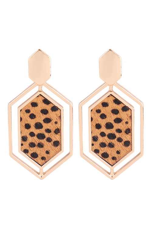 A2-1-2-B6E2201CH-TAN - HEXAGON SHAPE REAL CALF HAIR LEATHER POST EARRINGS - CHEETAH TAN/1PC(NOW $1.50 ONLY!)