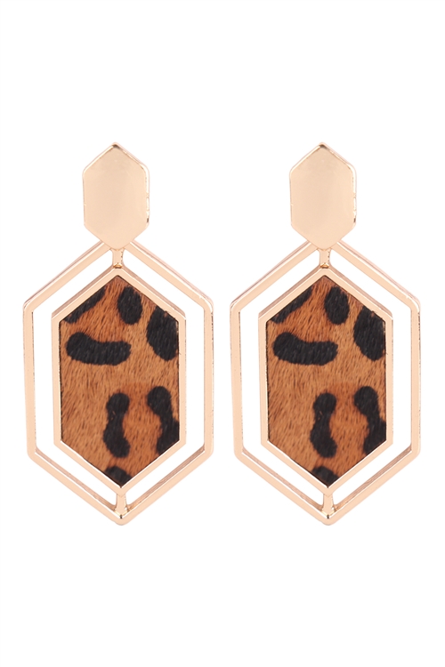 A2-1-2-B6E2201L-BRN - HEXAGON SHAPE REAL CALF HAIR LEATHER POST EARRINGS - LEOPARD BROWN/1PC (NOW $1.50 ONLY!)