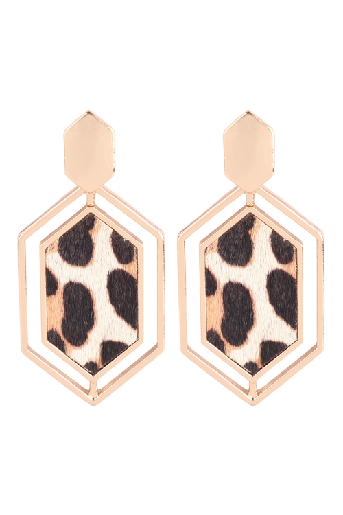 A2-1-2-B6E2201L-IV - HEXAGON SHAPE REAL CALF HAIR LEATHER POST EARRINGS - LEOPARD IVORY/1PC  (NOW $1.50 ONLY!)