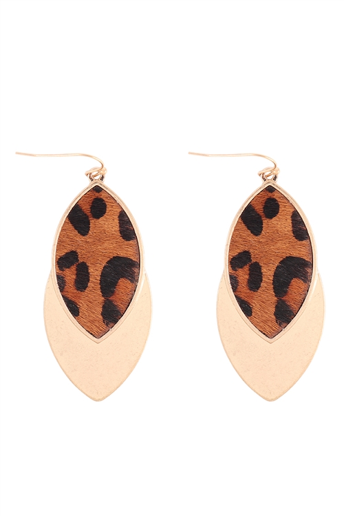 A2-2-3-B6E2243L-BRN - MARQUISE SHAPED REAL CALF HAIR LEATHER FISH HOOK EARRINGS - LEOPARD BROWN/1PC