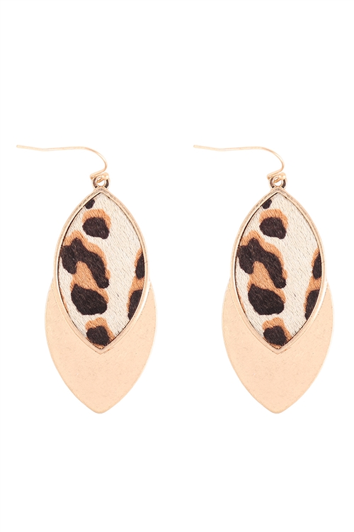 A2-2-3-B6E2243L-IV - MARQUISE SHAPED REAL CALF HAIR LEATHER FISH HOOK EARRINGS - LEOPARD IVORY/1PC
