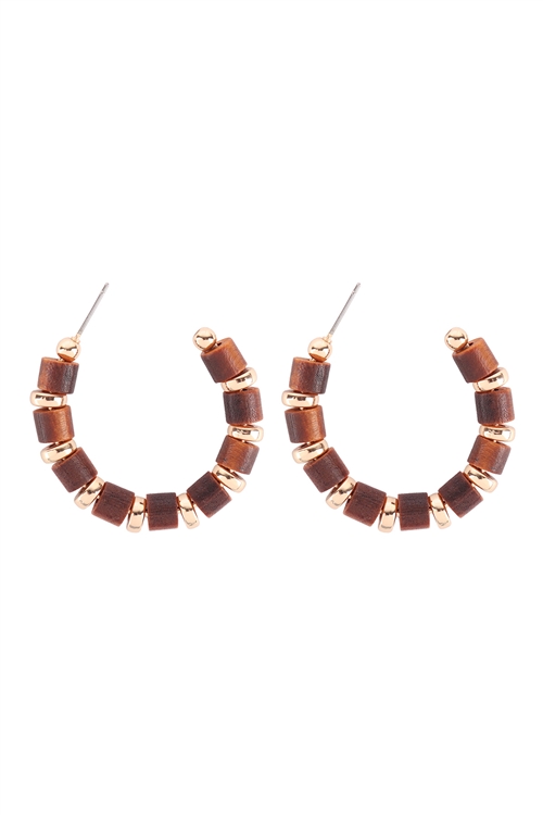 A2-3-1-B6E2352LBRN - WOOD BEAD HOOP EARRINGS - LIGHT BROWN/1PC