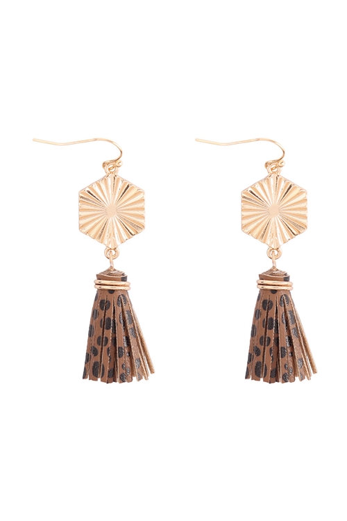 A2-3-1-B6E2364CH-TAN - 2" HEXAGON SHAPED PU LEATHER TASSEL HOOK EARRINGS - CHEETAH TAN/6PCS