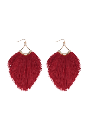 S23-12-3-B6E2609RED - 3.25" TASSEL FRINGE AND RHINESTONE HOOK EARRINGS-RED/1PC