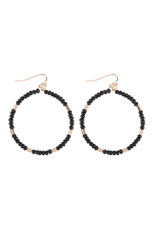 A1-1-2-B6E6005JET - 1.75" ROUND SHAPED WOOD BEAD HOOK EARRINGS - BLACK/6PCS