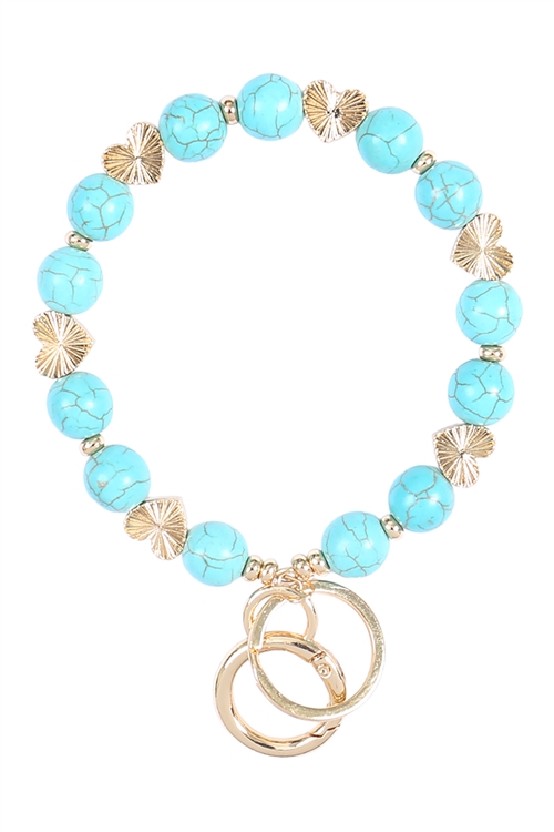 S1-3-1-B6K2246TQ - 3" HEART SUNBURST TEXTURED METAL W/ SEMI-PRECIOUS STONE BRACELET KEYCHAIN - TURQUOISE/6PCS