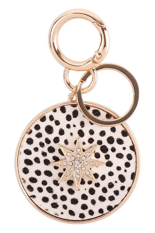 S17-5-2-B6K2253CH-IV - 3.5" PAVED STARBURST WITH REAL CALF HAIR LEATHER KEYCHAIN - CHEETAH IVORY/6PCS