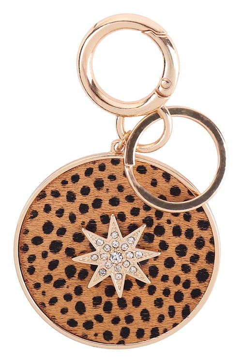 S17-5-2-B6K2253CH-TAN - 3.5" PAVED STARBURST WITH REAL CALF HAIR LEATHER KEYCHAIN - CHEETAH TAN/6PCS