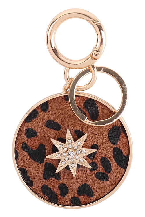 S17-5-2-B6K2253L-BRN - 3.5" PAVED STARBURST WITH REAL CALF HAIR LEATHER KEYCHAIN - LEOPARD BROWN/6PCS