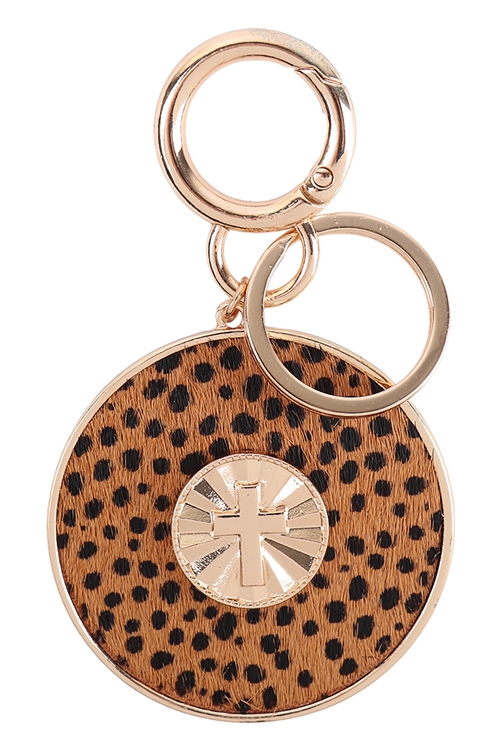 S17-4-2-B6K2256CH-TAN - 3.5" CROSS ENGRAVED WITH REAL CALF HAIR LEATHER KEYCHAIN - CHEETAH TAN/6PCS