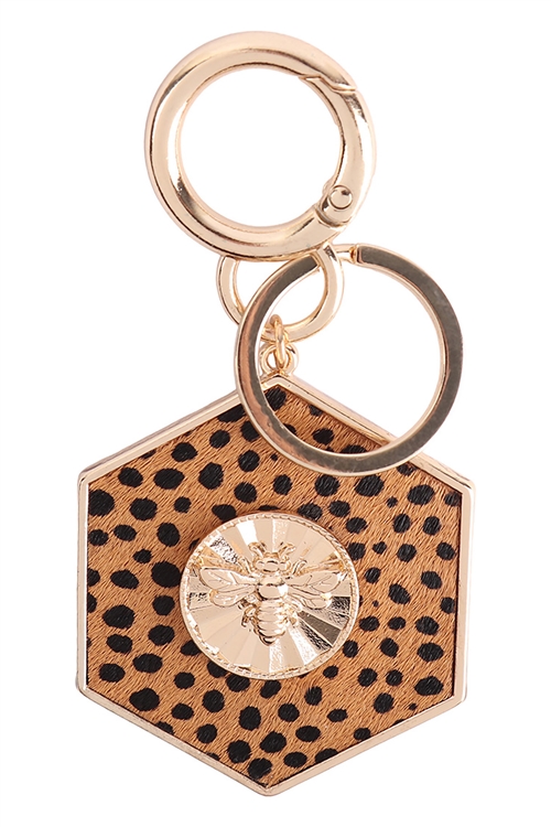 S20-3-2-B6K2314CH-TAN - 3.5" BEE ENGRAVED WITH REAL CALF HAIR LEATHER KEYCHAIN - CHEETAH TAN/6PCS