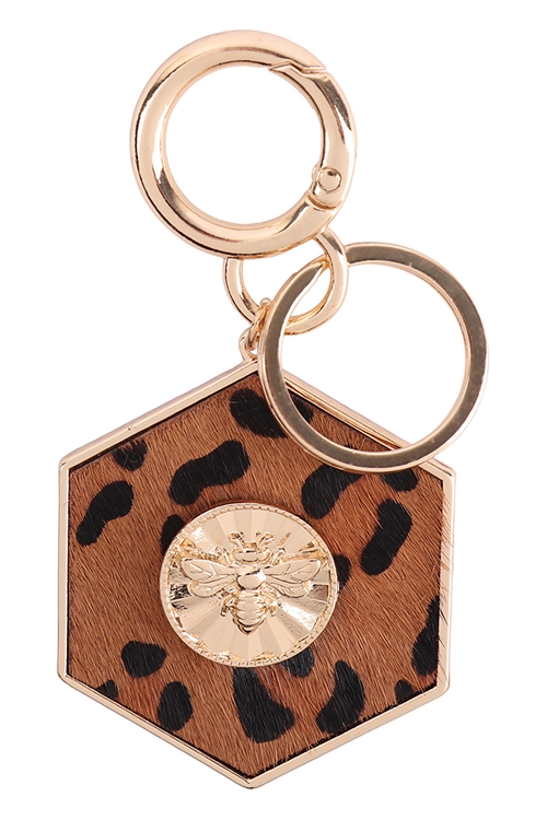 S20-3-2-B6K2314L-BRN - 3.5" BEE ENGRAVED WITH REAL CALF HAIR LEATHER KEYCHAIN - LEOPARD BROWN/6PCS