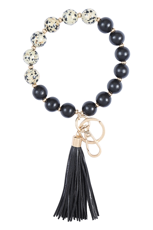 A1-1-1-B6K2324JET-DAL - 3.5" TWO TONE SEMI-PRECIOUS STONE W/ TASSEL BRACELET KEYCHAIN - BLACK DALMATIAN/6PCS