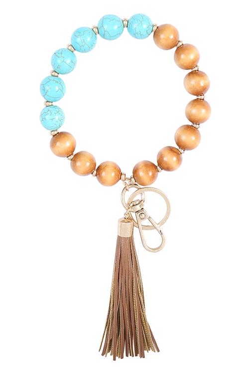 A1-1-1-B6K2324LBRN-TQ - 3.5" TWO TONE SEMI-PRECIOUS STONE W/ TASSEL BRACELET KEYCHAIN - LIGHT BROWN TURQUOISE/6PCS