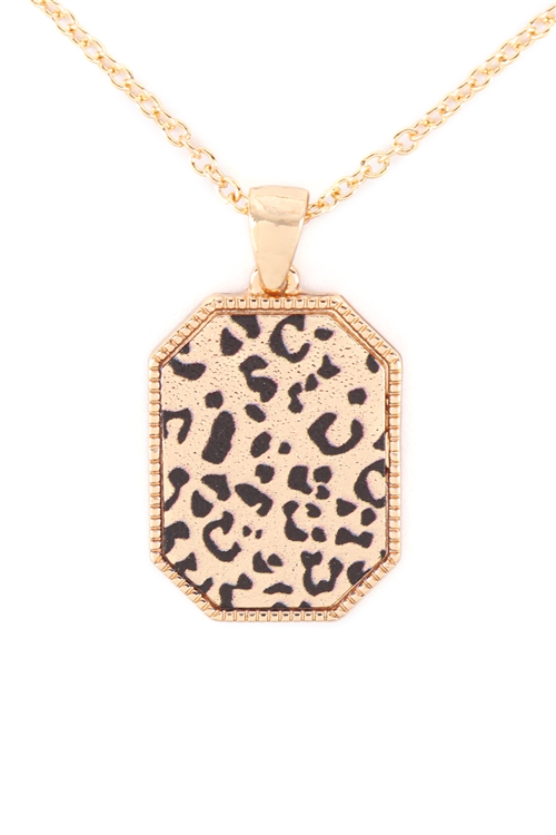 S1-3-2-B6N2110GD-LEO - OCTAGON SHAPED SANDING METAL WITH ANIMAL PRINT SHORT NECKLACE - GOLD CHEETAH/6PCS