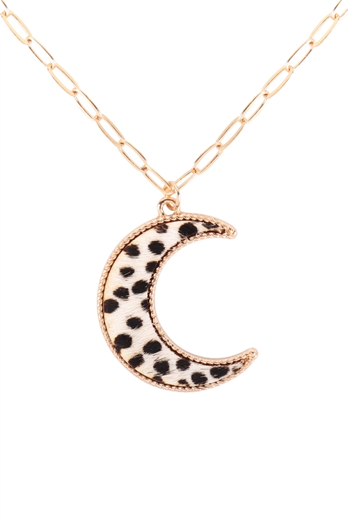 S1-3-2-B6N2283CH-IV - MOON SHAPE REAL CALF HAIR LEATHER LAYERED NECKLACE - CHEETAH IVORY/6PCS