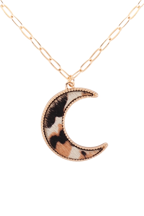 S1-3-2-B6N2283L-IV -  MOON SHAPE REAL CALF HAIR LEATHER LAYERED NECKLACE - LEOPARD IVORY/6PCS