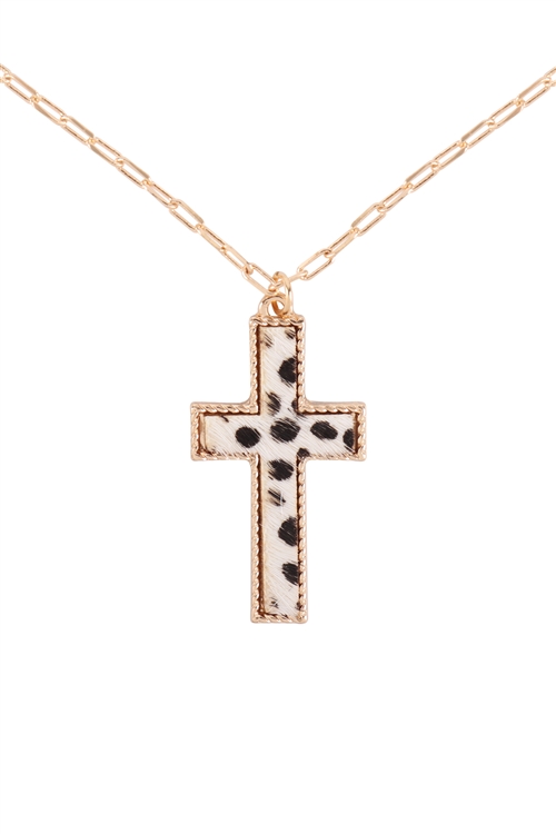 S1-3-4-B6N2291CH-IV - CROSS SHAPE REAL CALF HAIR LEATHER LAYERED NECKLACE - CHEETAH IVORY/6PCS