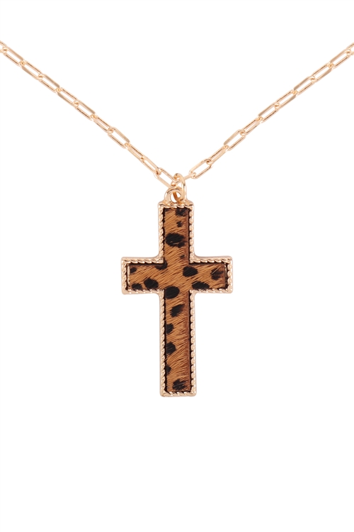 S1-3-4-B6N2291CH-TAN - CROSS SHAPE REAL CALF HAIR LEATHER LAYERED NECKLACE - CHEETAH TAN/6PCS