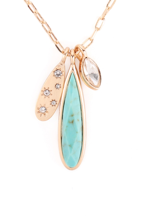 S5-4-5-B6N7123TQ - OVAL NATURAL STONE RHINESTONE CLUSTER PENDANT NECKLACE - TURQUOISE/6PCS