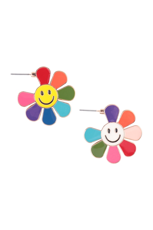 A1-1-4-B7E2255-MUL - SMILEY FLOWER SHAPED ENAMEL HOOP EARRINGS - MULTICOLOR/6PCS