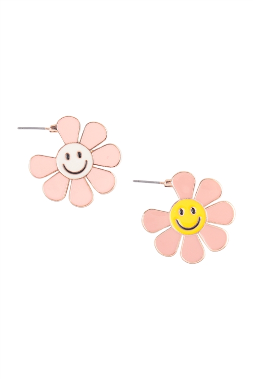 A1-1-4-B7E2255-PK - SMILEY FLOWER SHAPED ENAMEL HOOP EARRINGS - PINK/6PCS