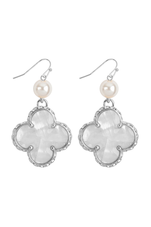 S6-4-3-B7E2521-RH - CLOVER SHAPED PEARL SHELL FISH HOOK EARRINGS-SILVER/1PC