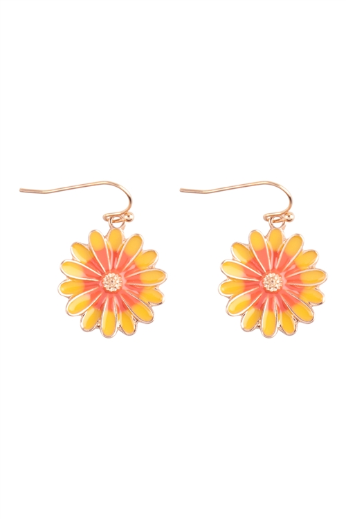 A1-1-4-B7E2933-YLWORG - FLOWER SHAPED ENAMEL DANGLE FISH HOOK EARRINGS  - YELLOW ORANGE/1PC