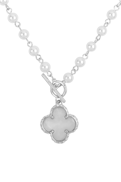 S6-4-3-B7N2522-RH - 18" CLOVER SHAPED SHELL PEARL SHORT TOGGLE NECKLACE-SILVER/1PC