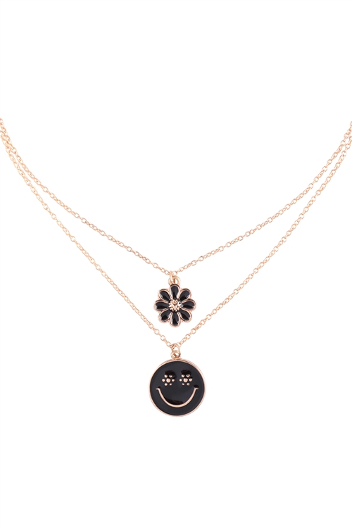 A1-1-4-B7N2877-JET - SMILE  AND FLOWER  ENAMEL PENDANT LAYERED NECKLACE SET- BLACK/6PCS