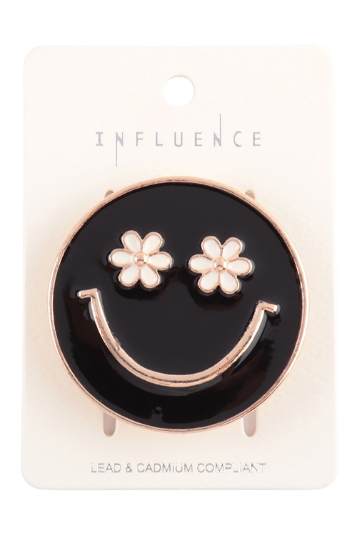 S20-12-3-B7PG2393-JET - 1.75" SMILEY FACE WITH FLOWER EYES ENAMEL PHONE GRIP HOLDER - BLACK/6PCS