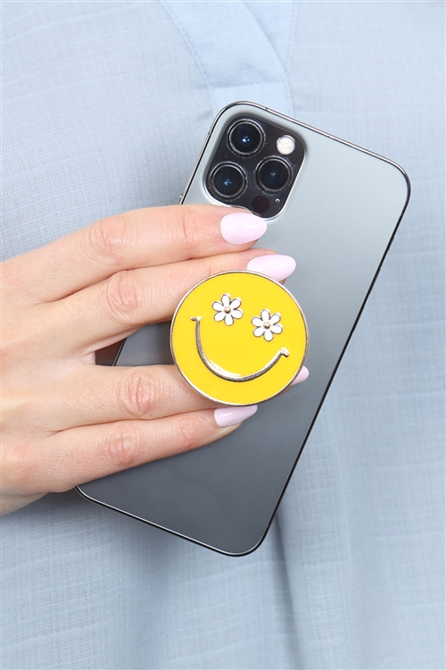 S20-12-3-B7PG2393-YLW - 1.75" SMILEY FACE WITH FLOWER EYES ENAMEL PHONE GRIP HOLDER - YELLOW/6PCS