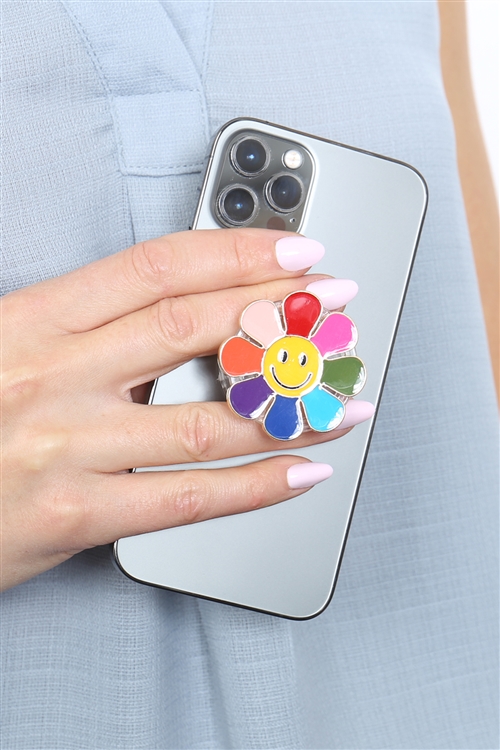 S1-3-1-B7PG2395-MUL - 1.75" FLOWER SMILEY FACE ENAMEL PHONE GRIP HOLDER - MULTICOLOR/6PCS