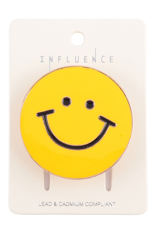 S18-10-3-B7PG2396-YLW - 1.75" SMILEY FACE ENAMEL PHONE GRIP HOLDER - YELLOW/6PCS