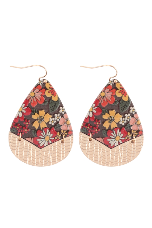 S4-5-3-B8E2074BRN - FLOWER PRINT RETRO WOOD TEARDROP  EARRINGS-BROWN/1PC (NOW $2.75 ONLY!)