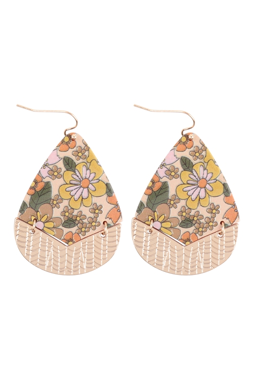 S4-5-3-B8E2074MST - FLOWER PRINT RETRO WOOD TEARDROP  EARRINGS-MUSTARD/1PC (NOW $2.75 ONLY!)