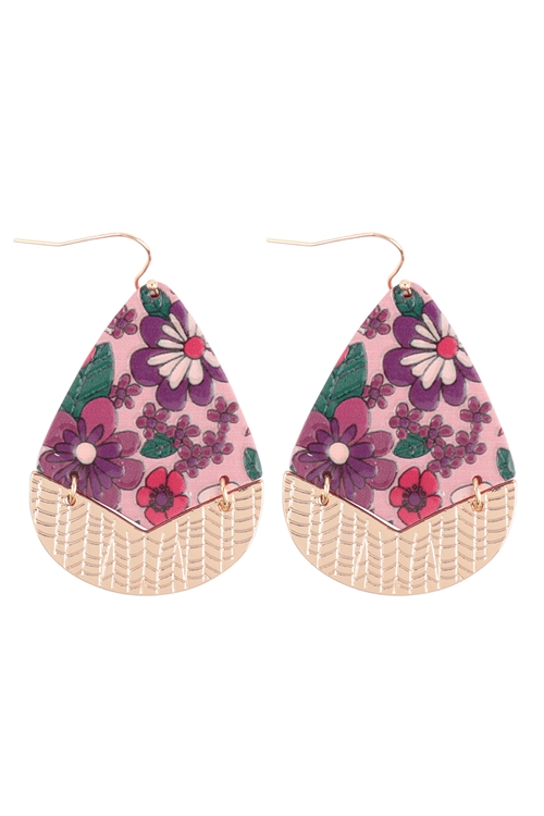 S4-5-3-B8E2074PK - FLOWER PRINT RETRO WOOD TEARDROP  EARRINGS-PINK/1PC (NOW $2.75 ONLY!)